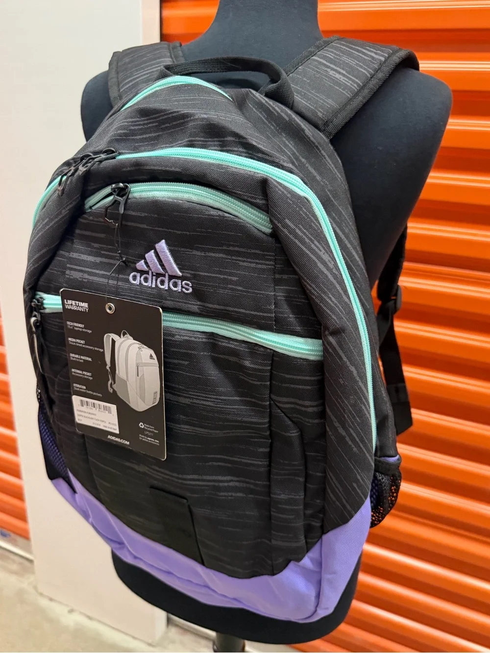 NWT Adidas Foundation ||| Black Backpack with Lavender Base and Mint Zippers